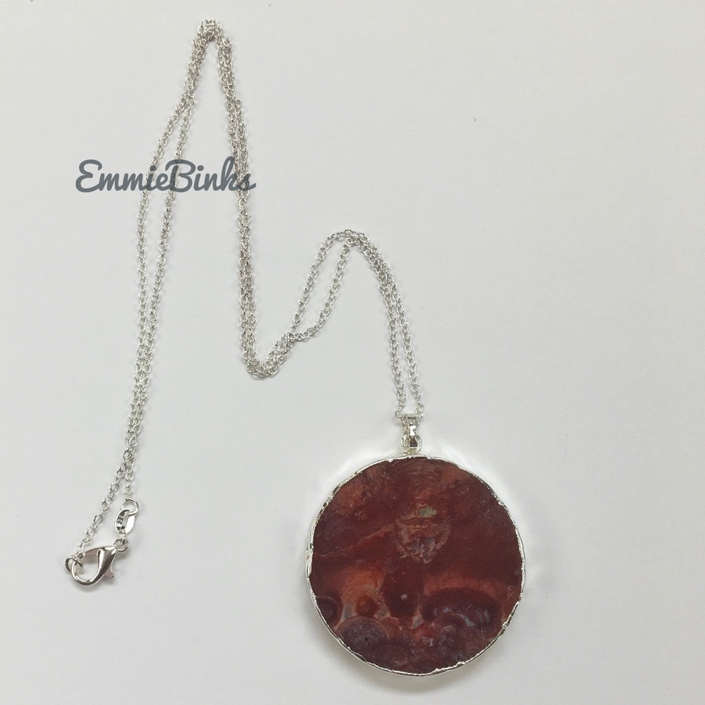 New 925 Sterling Silver Red Mexican Happy Lace Agate Slice Pendant Necklace - Picture 3 of 14